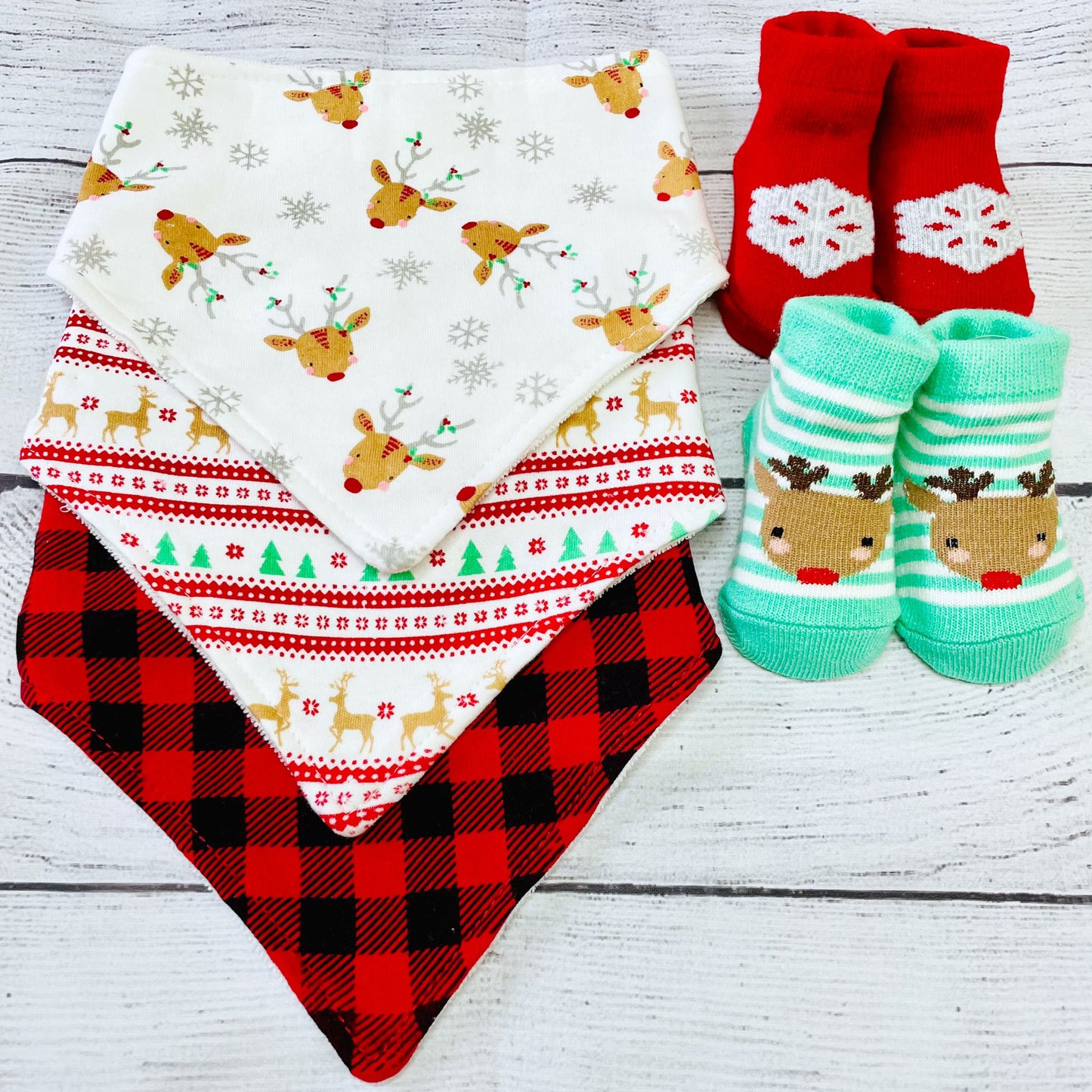 BABY'S FIRST CHRISTMAS Baby Bibs and Booties Set - Reindeer (Pack of 4)